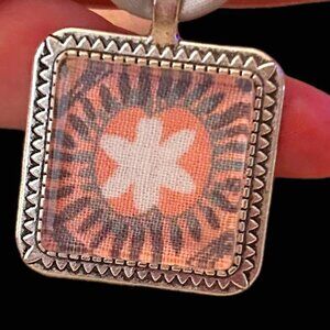 20in Upcycled Pink and Grey Satin Ribbon Necklace with Silver Tone Glass Pendant